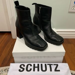 SCHUTZ size 9.5, black, leather material, square toe, block heel boots